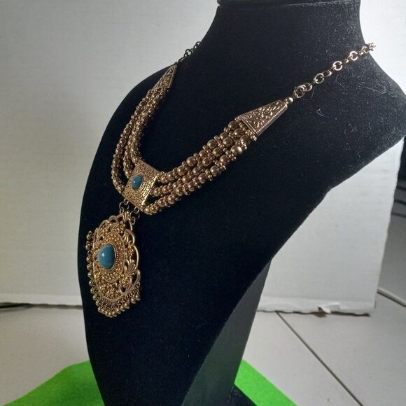 Statement Gold tone Three Strand with Large Pendant Necklace - Picture 2 of 8